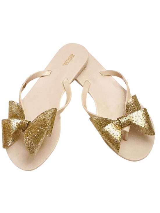 Melissa Shoes - Melissa Harmonic Bow III PVC Gold Glitter Bow Flat Thong Flipflop Sandal Size: 8